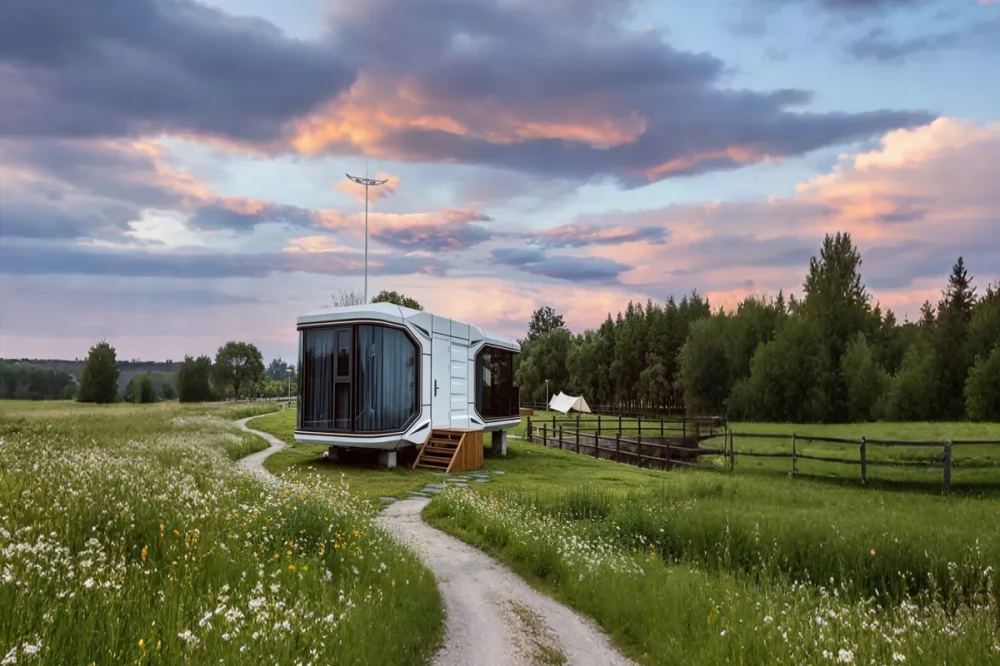 Glamping pod installed on a meadow site at dusk, built to a standard exterior shell